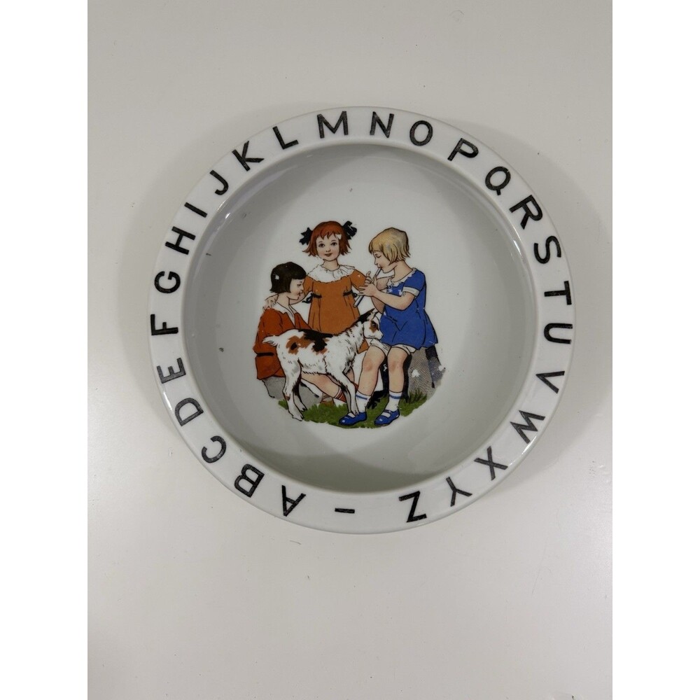 VTG Childs Porcelain Ceramic Bowl Plate Germany 8” ABC s Children Goat Nostalgia